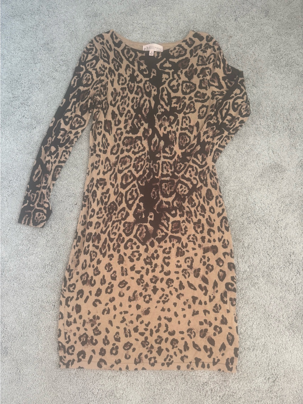 Halogen Leopard beige Long Sleeve Bodycon Dress - Tan/Black stretchy sweater med